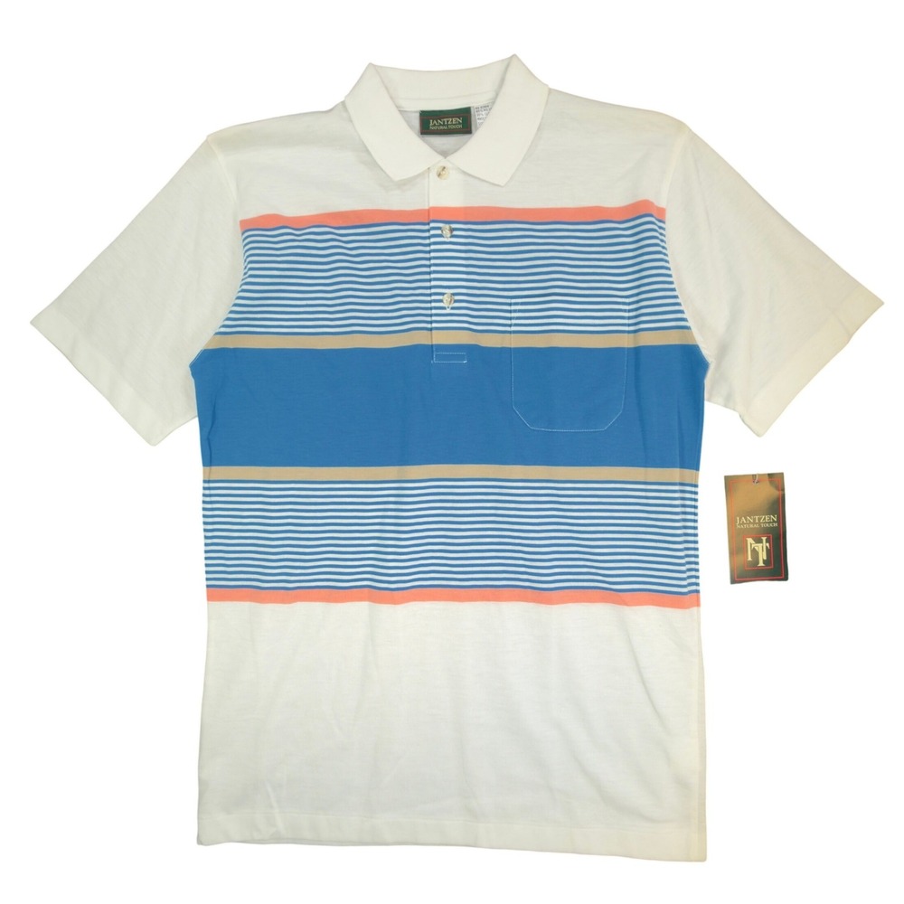 Jantzen Polo Shirt Mens Small Vintage 90s Mallard Blue Striped Pocket Deadstock